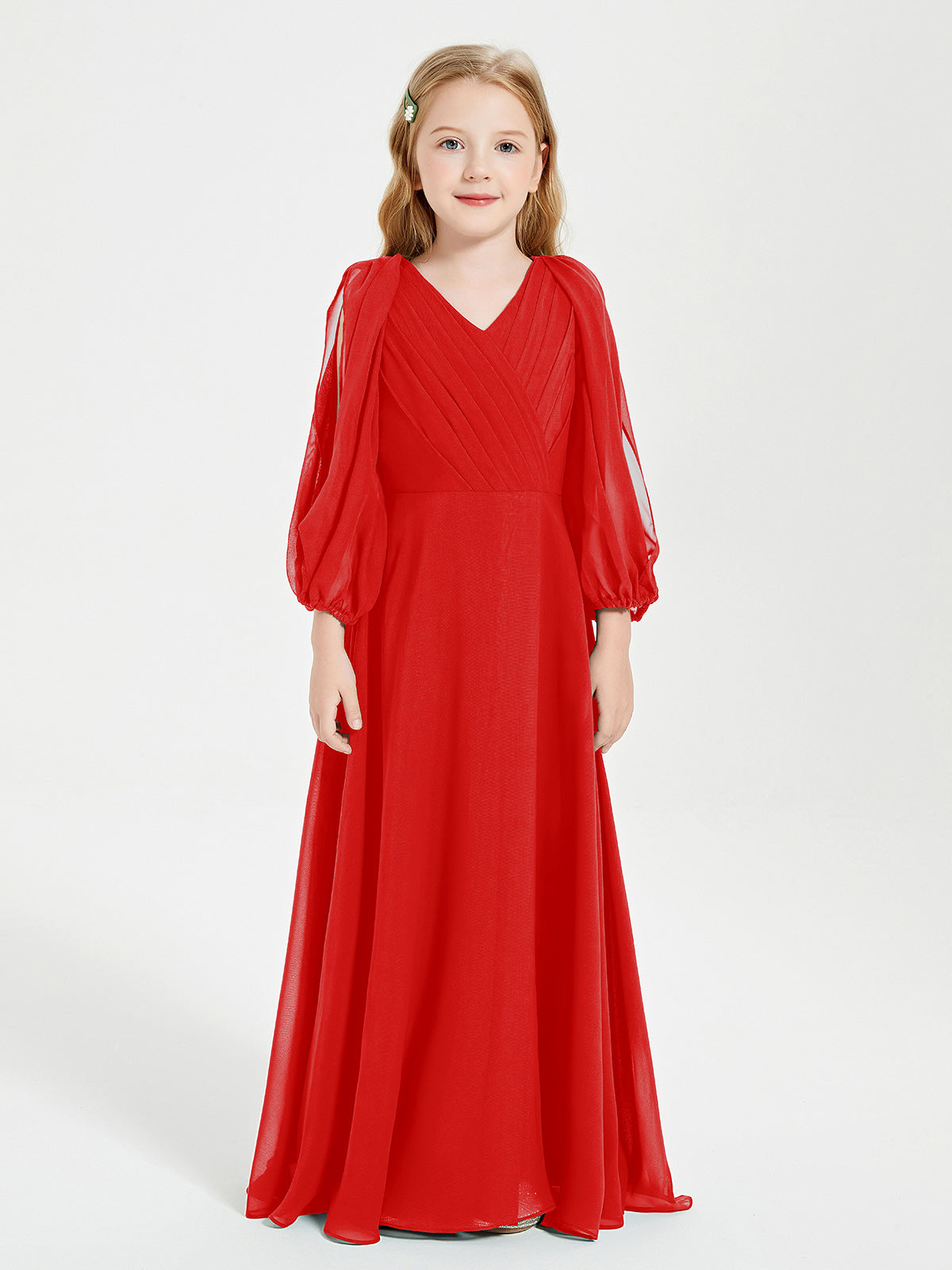 Modest Long Sleeved Junior Bridesmaid Gowns Red